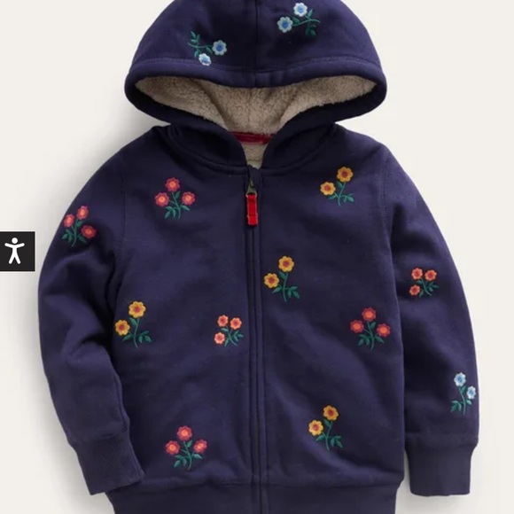 Mini Boden Embroidered Shaggy lined hoodie, Navy floral, 7-8. - Picture 1 of 8